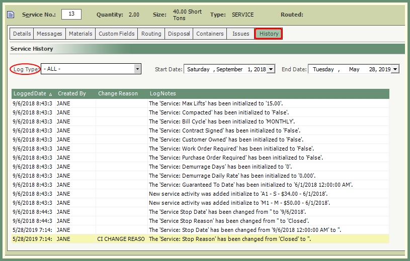 Store Service Log Customer Explorer: Service History